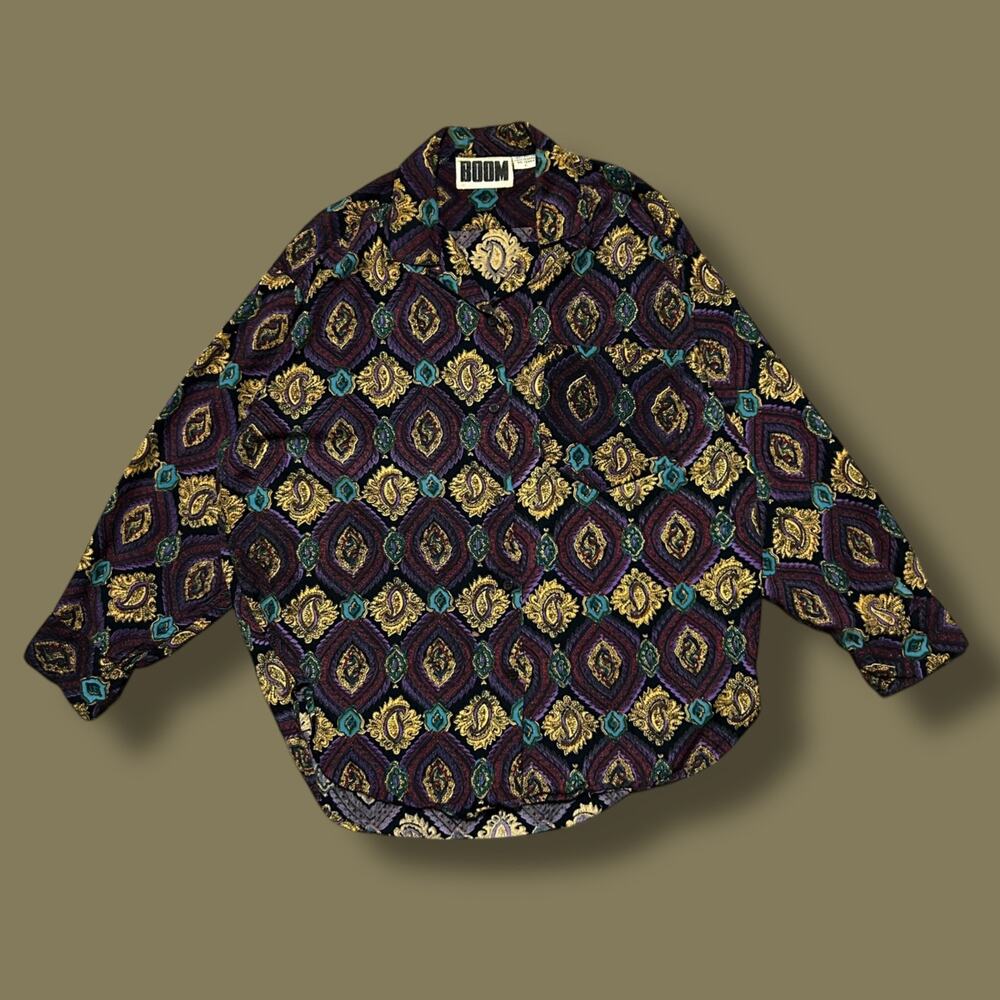 Vintage 80s Rayon Shirt Paisley Retro Print Button Up Long Sleeve Nepal Large